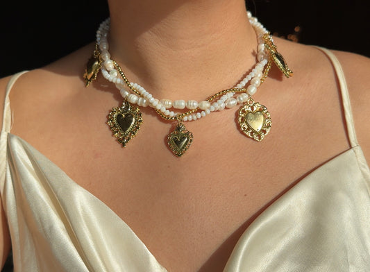 Cayetana Necklace – Braided Necklace with Sacred Hearts and Pearls